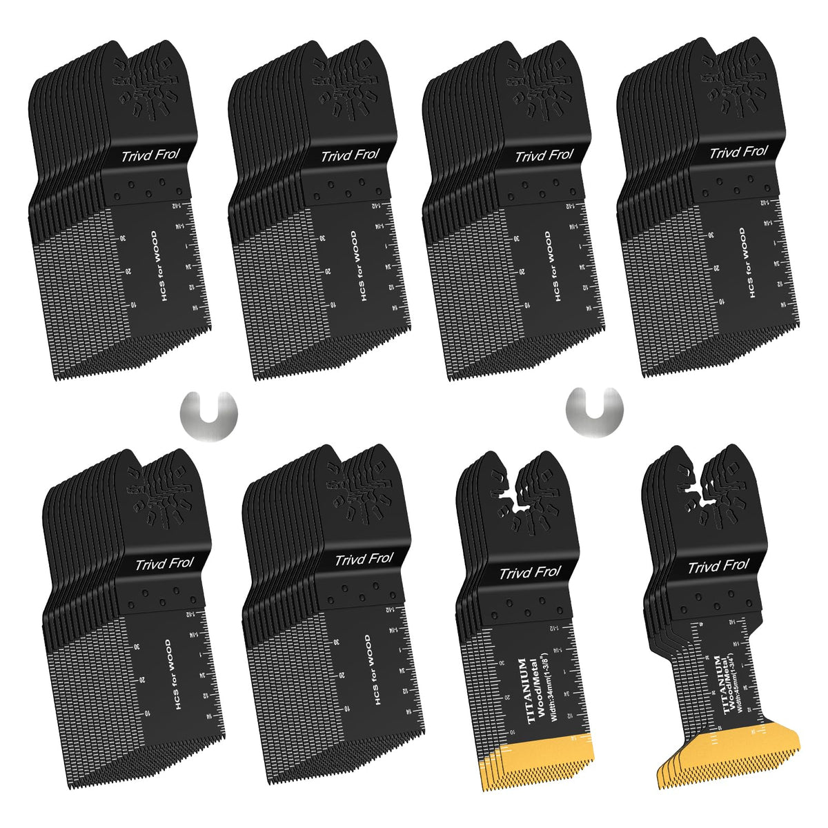 Trivd Frol 100Pcs oscillating blades featuring titanium coating for tougher wood cuts.