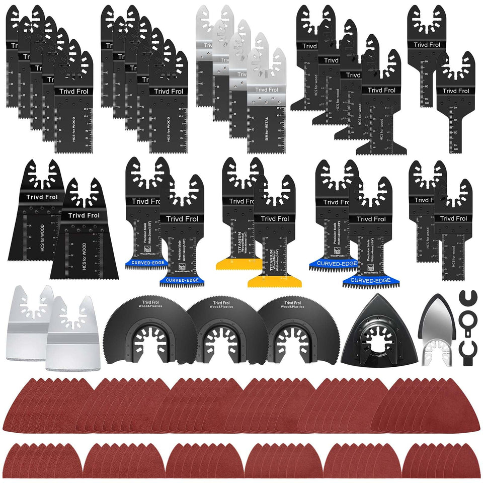 Trivd Frol 121-pack oscillating blades for versatile cutting, compatible with most oscillating tools.