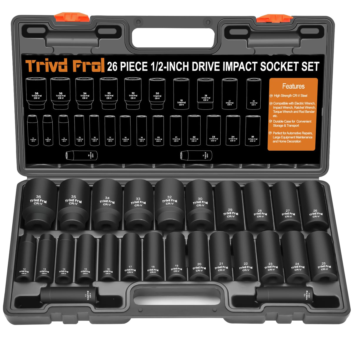 Trivd Frol 26-piece deep impact socket set for 1/2 inch drive—heavy-duty fastening