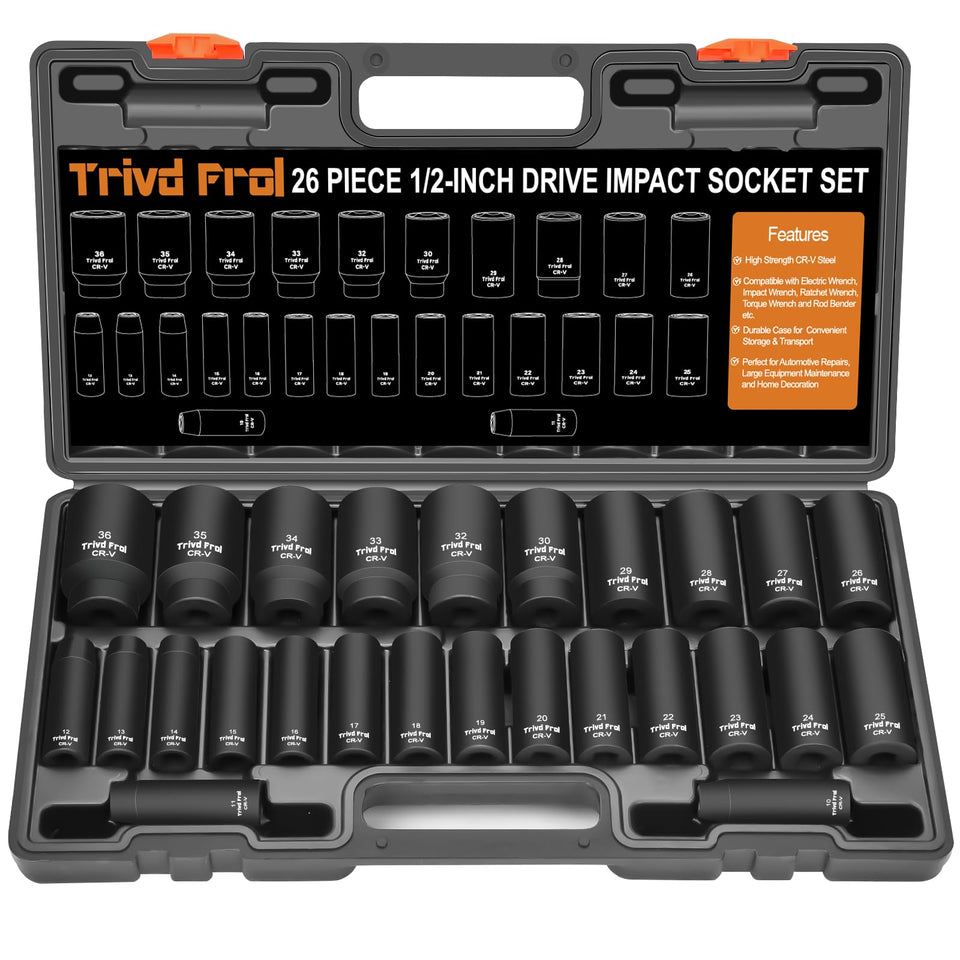 Trivd Frol 26-piece deep impact socket set for 1/2 inch drive—heavy-duty fastening
