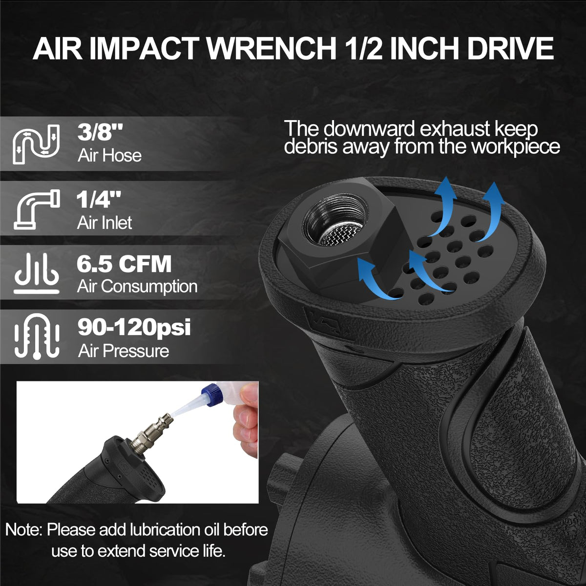 Trivd Frol air impact wrench rear exhaust design keeps workspace cleaner.