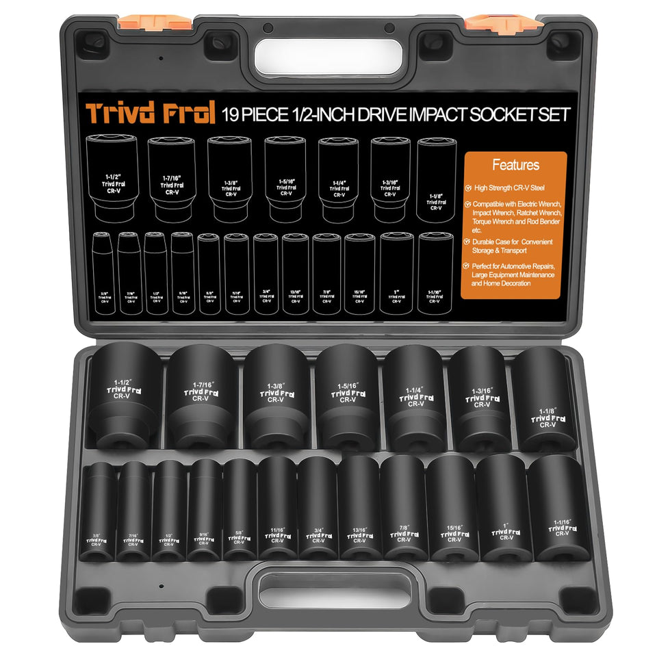 Trivd Frol SAE impact socket set 1/2-inch drive with deep sockets for heavy-duty work.