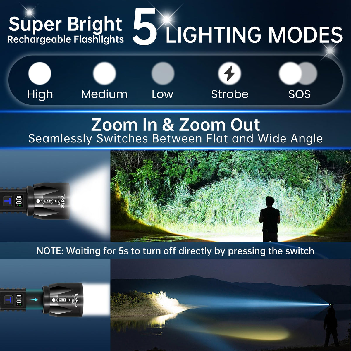 TrixHub flashlight demonstrating five lighting modes for various tasks