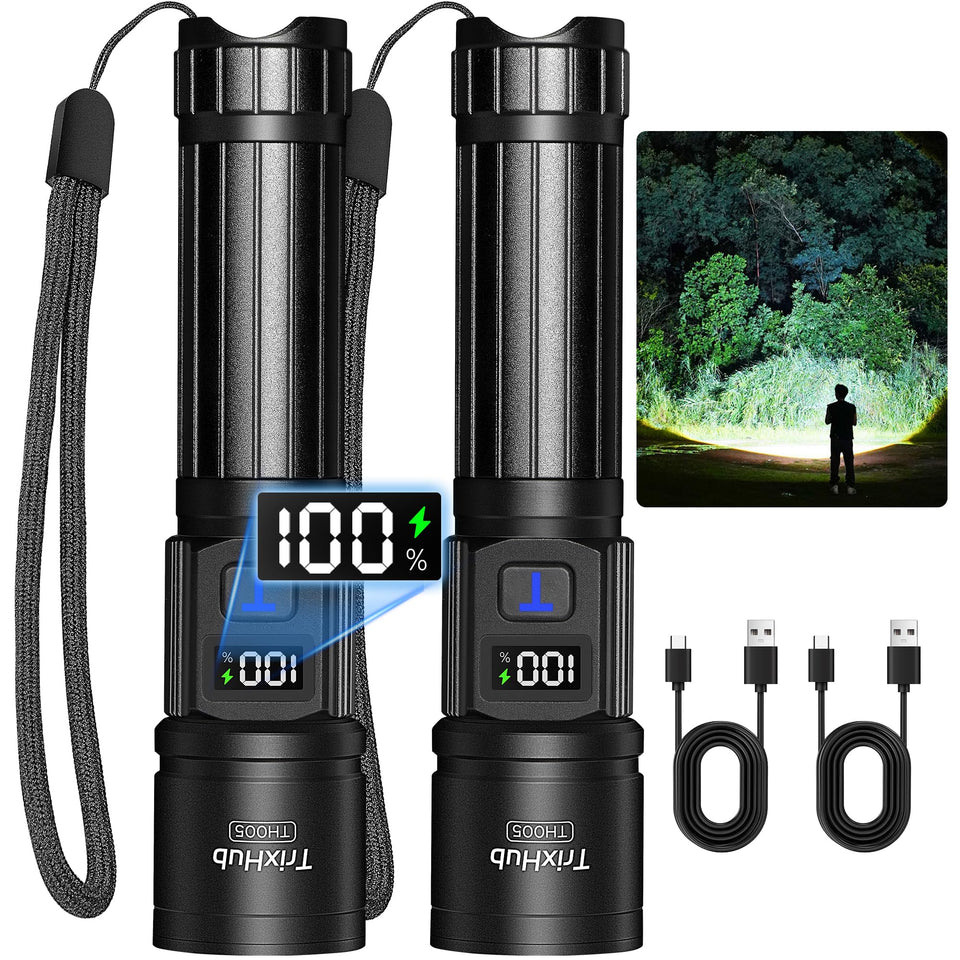 TrixHub flashlights with LCD display showing real-time battery level for planning outdoor use
