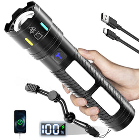TrixHub rechargeable flashlight front view showing long-range beam for outdoor use