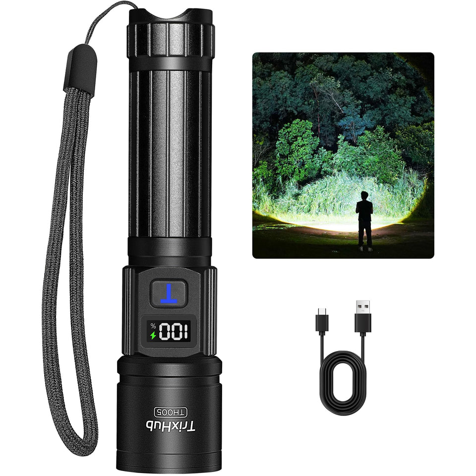 TrixHub rechargeable flashlight front view showing sturdy build and compact size for travel.