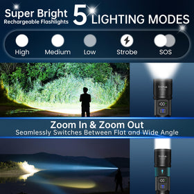 TrixHub rechargeable flashlight with LCD display clearly showing battery level for planning use.