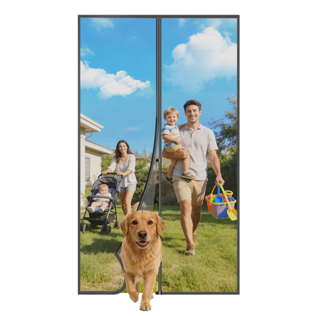 TRIZYZFON magnetic screen door front view shows self-sealing mesh for quick entry.