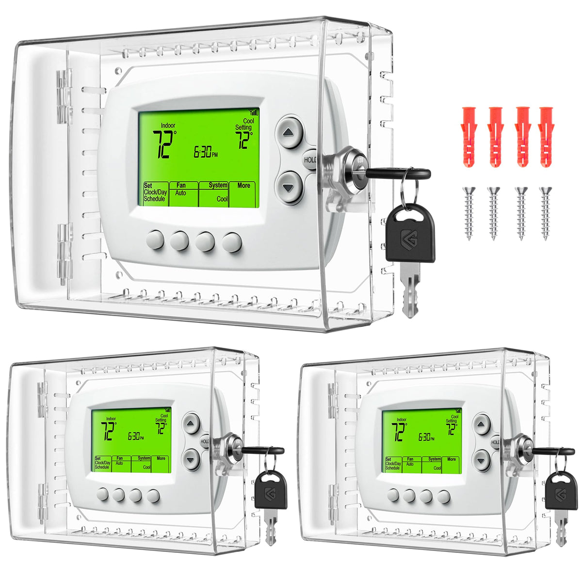TRJ thermostat lock box with key providing secure access and tamper protection for wall units.