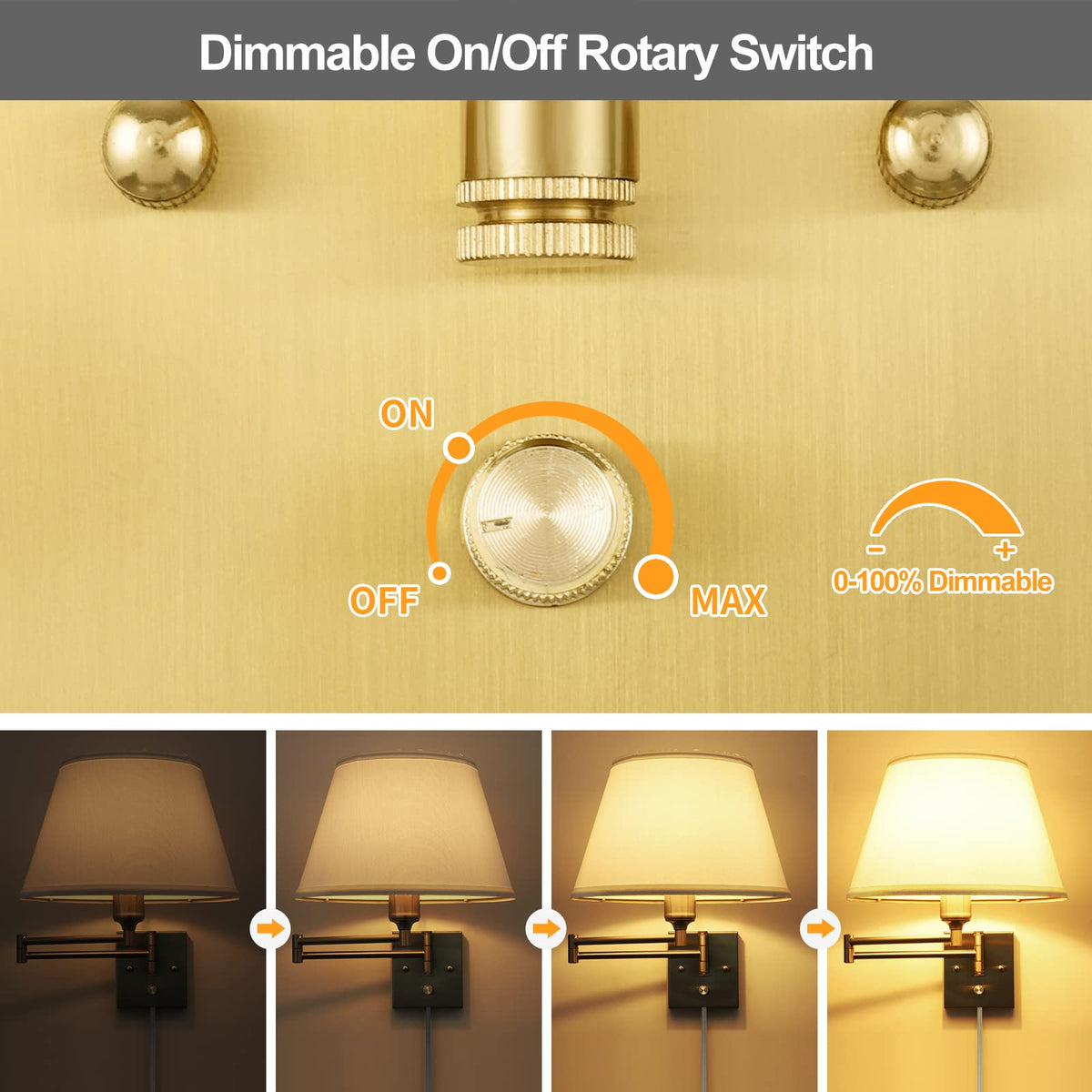 TRLIFE swing-arm brushed-brass wall light for flexible room illumination.