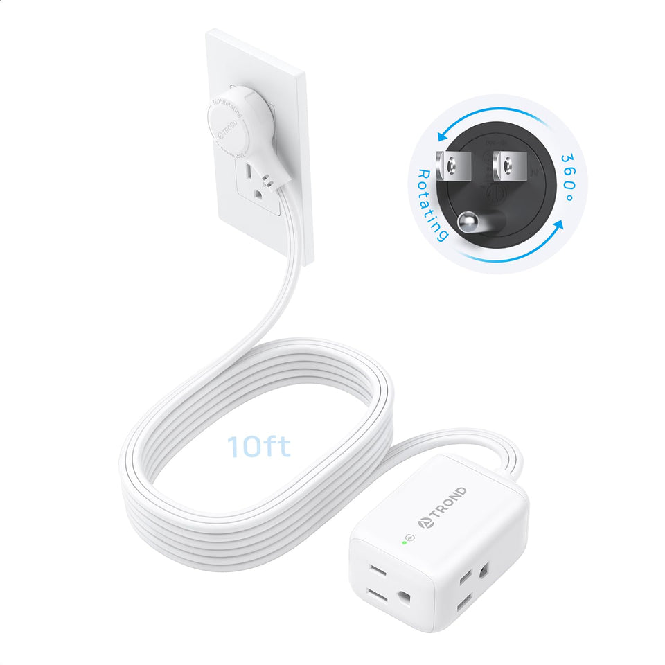 TROND 360° rotating flat plug adapts to tight spaces for easy outlet access.