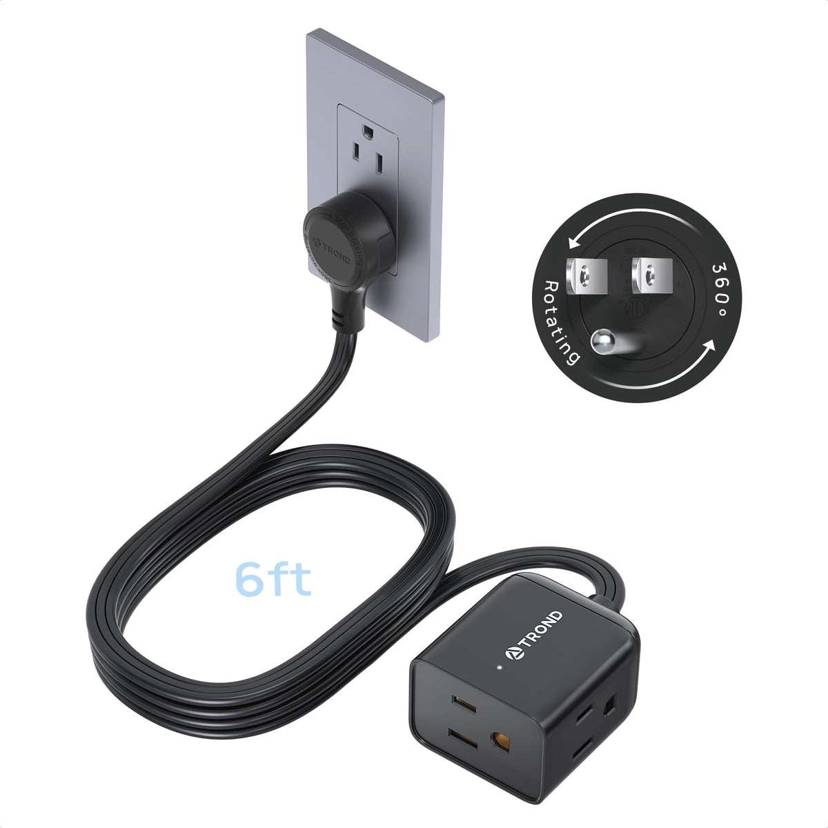 TROND 360° rotating flat-plug extension cord 6ft for flexible outlet access.