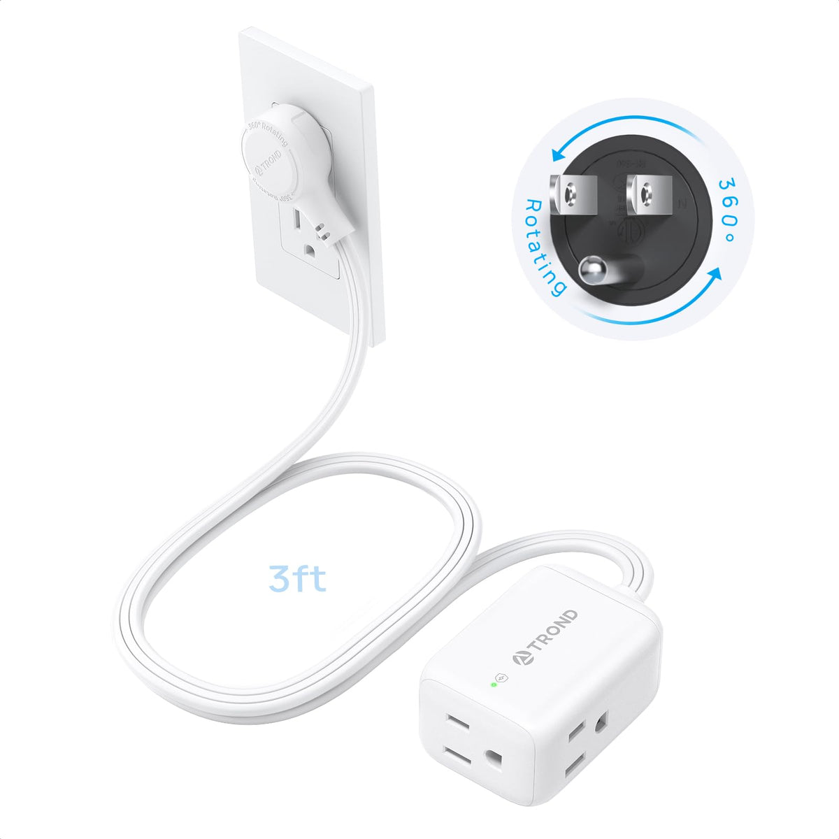 TROND 360° rotating flat plug for tight spaces and versatile wall access.