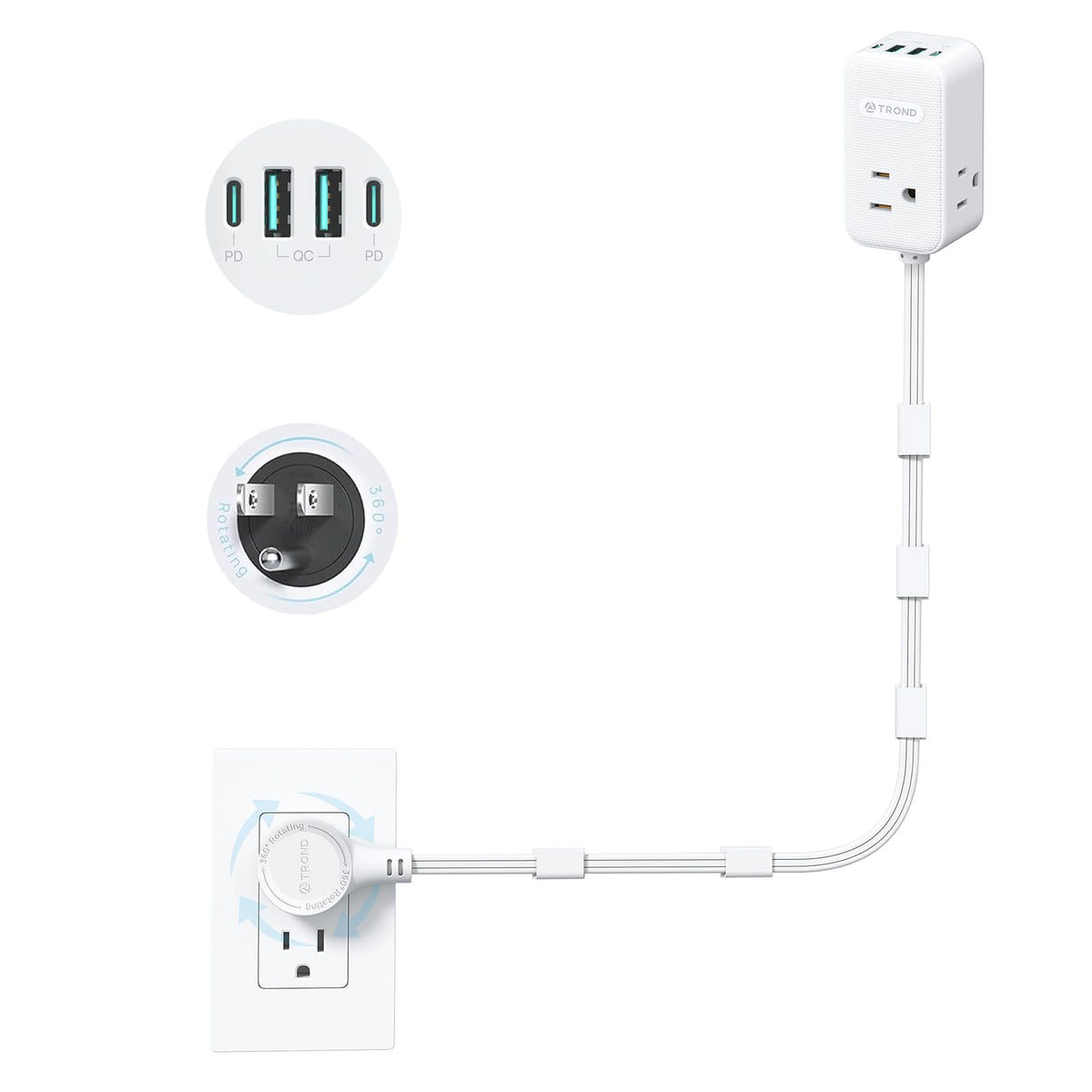 TROND 360° rotating outlet extender ready for hard-to-reach spaces behind furniture
