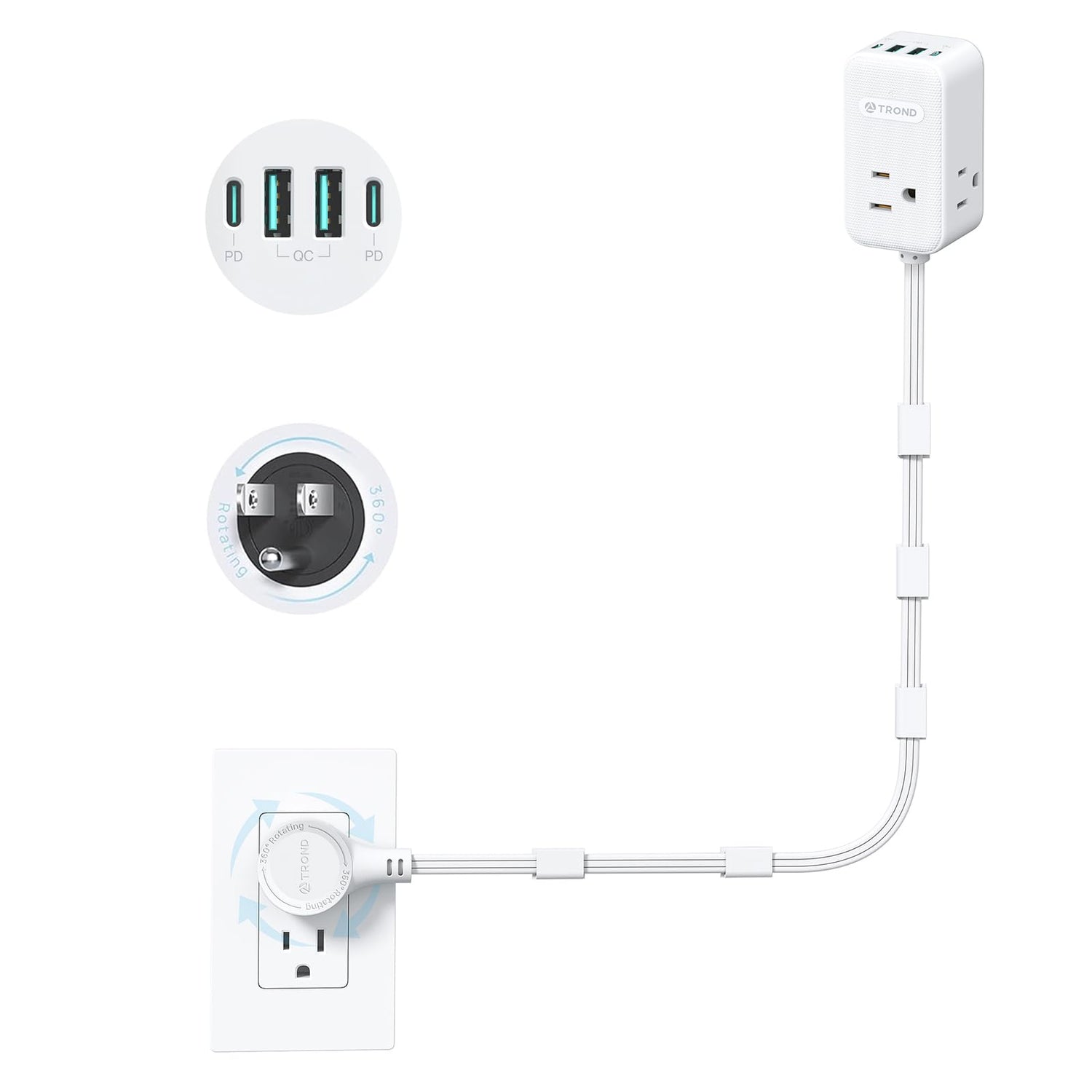 TROND 360° rotating outlet extender ready for hard-to-reach spaces behind furniture