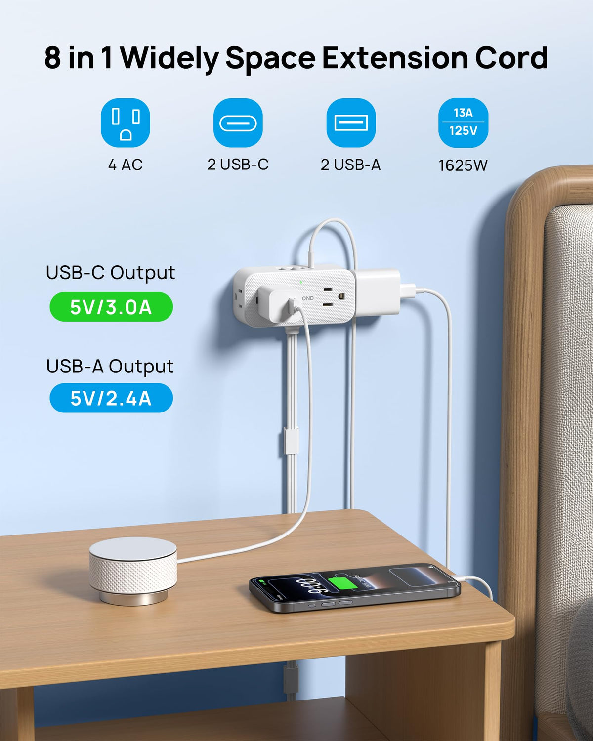 TROND 8-in-1 power cube with four USB ports for simultaneous device charging.