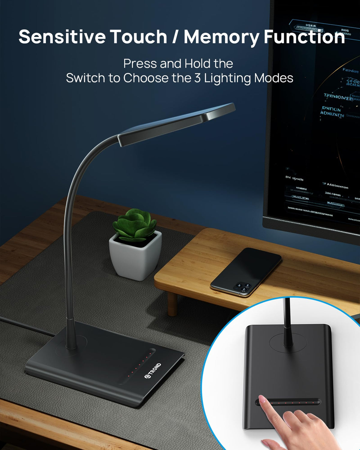 TROND desk lamp slim base fits compact desks easily.