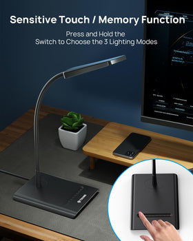 TROND desk lamp slim base fits compact desks easily.