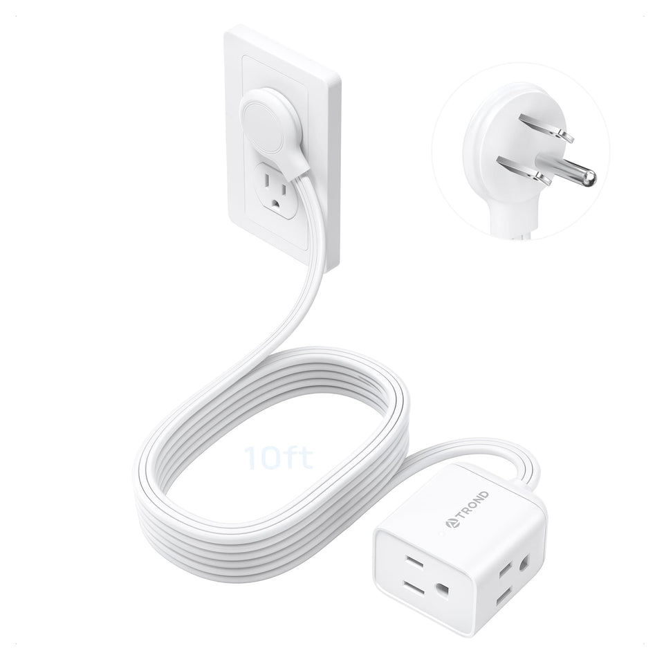 TROND flat extension cord 10ft with right-angled plug for tight spaces and easy wall access.