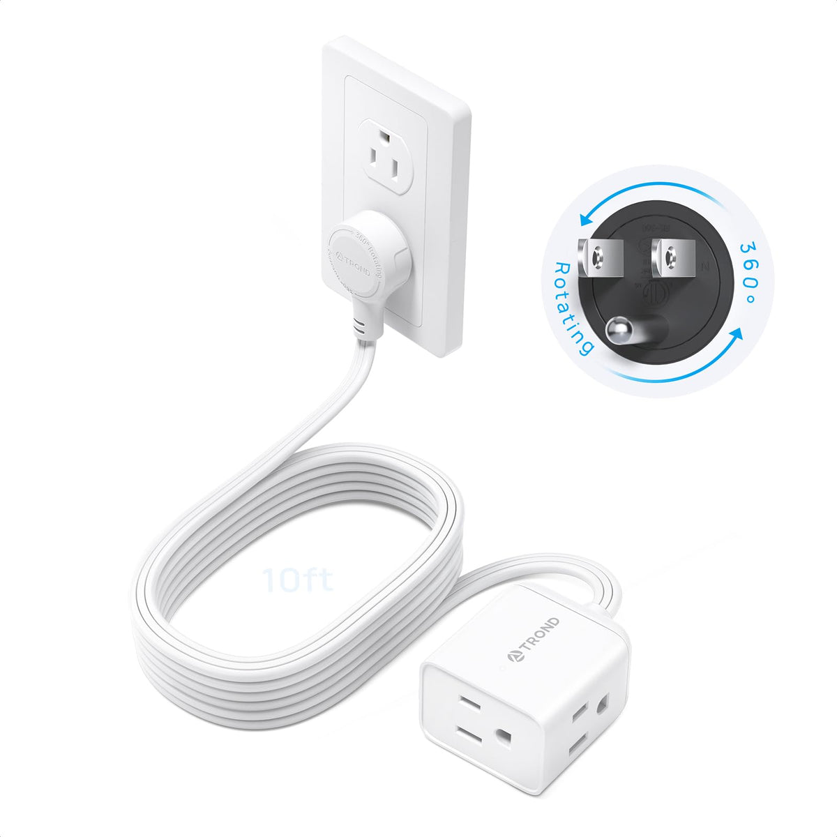 TROND flat extension cord with 360° rotating plug for flexible placement.