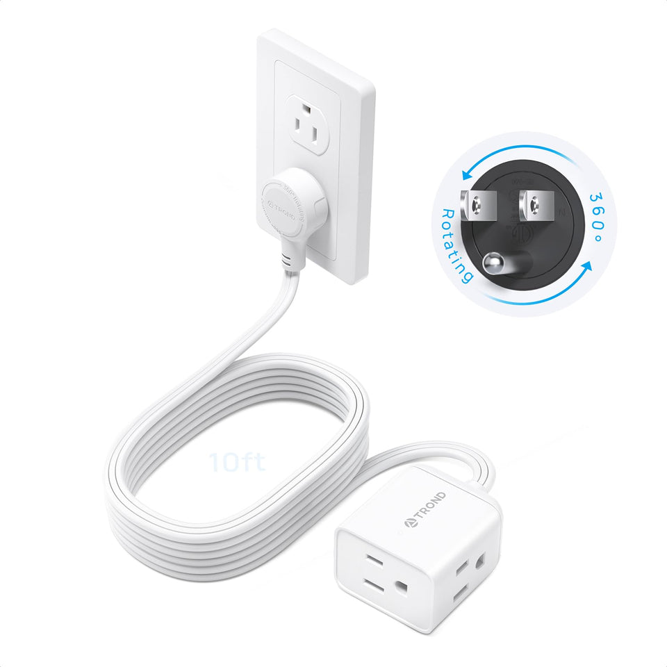 TROND flat extension cord with 360° rotating plug for flexible placement.