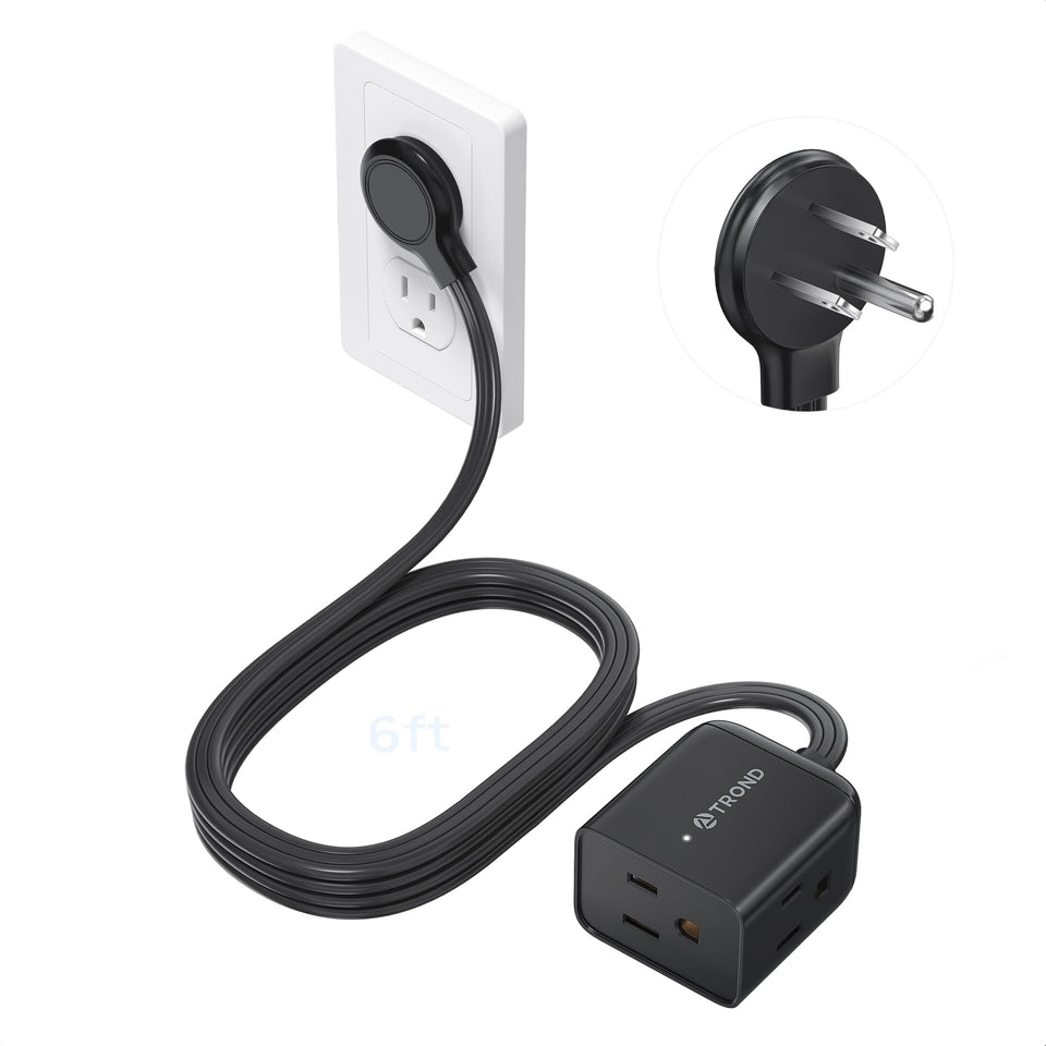 TROND flat extension cord with right-angled plug fits in tight spaces behind furniture.
