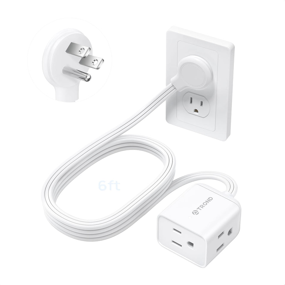 TROND flat extension cord with left-angled plug saves wall space.