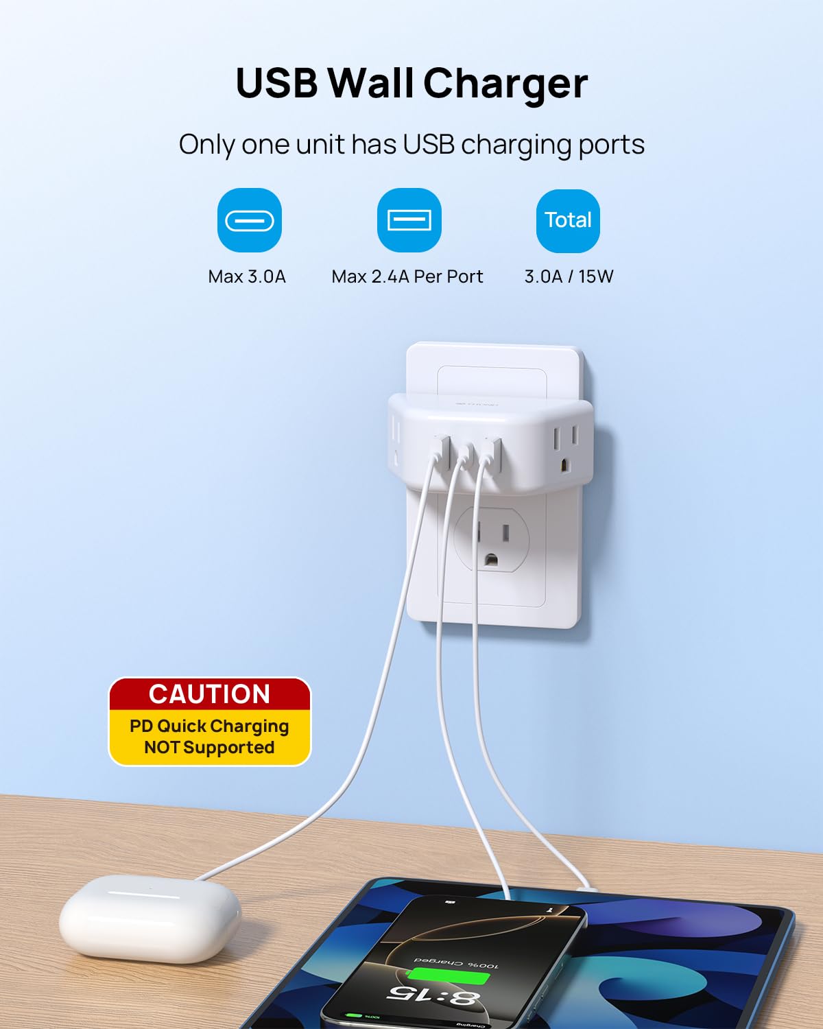 TROND multi-plug compact travel size fits behind furniture and in bags.