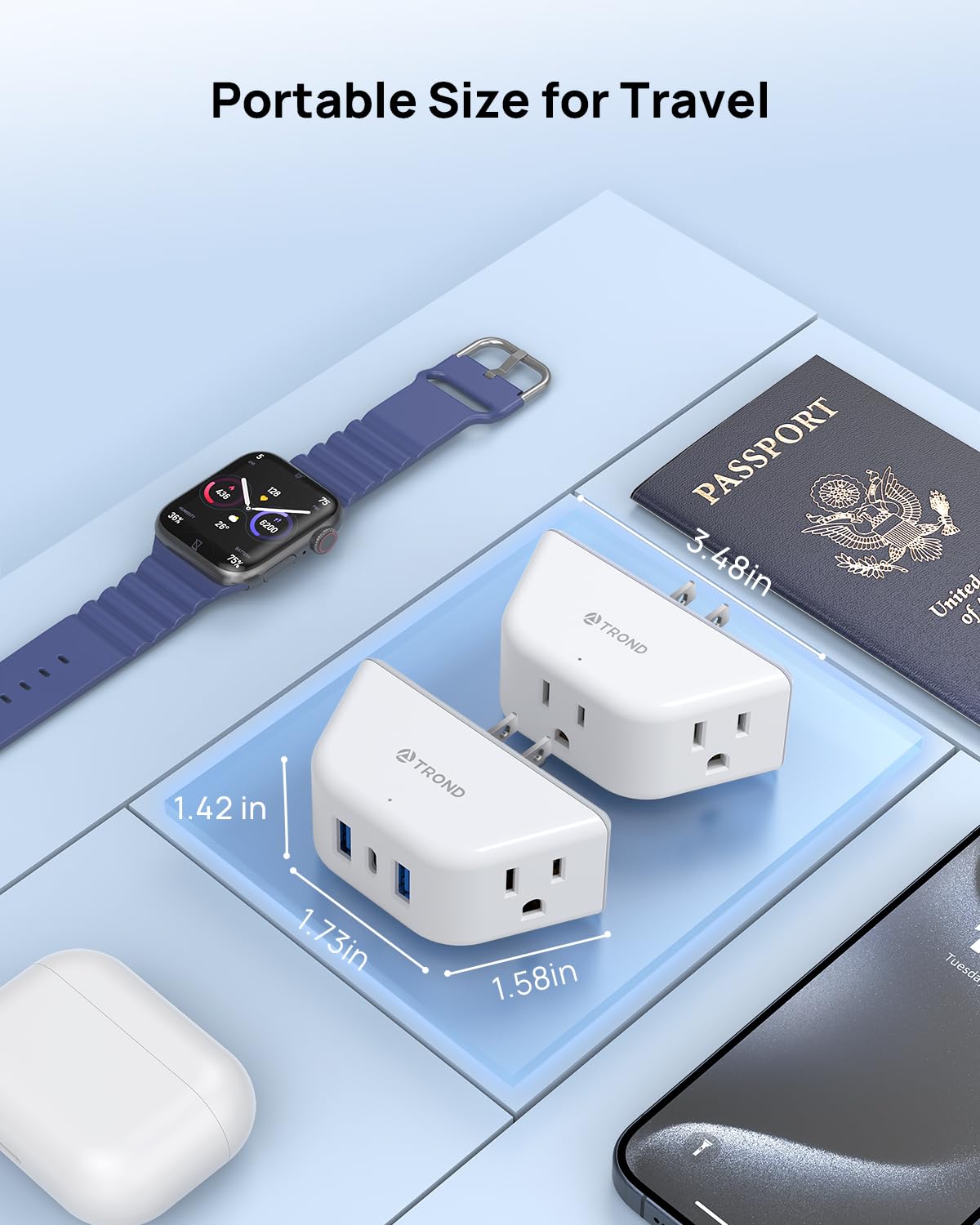 TROND multi-plug eight-device charging capability for shared spaces.