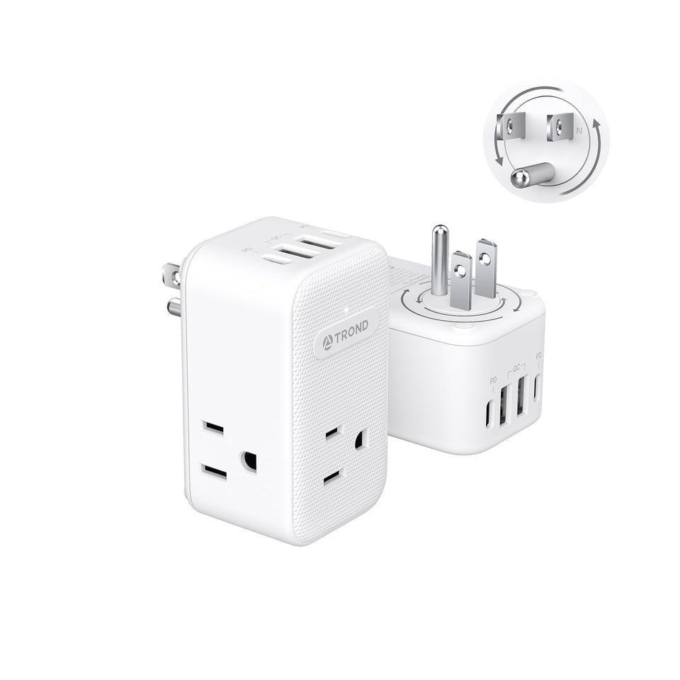 TROND multi plug outlet extender with 360° rotating plug for tight spaces.