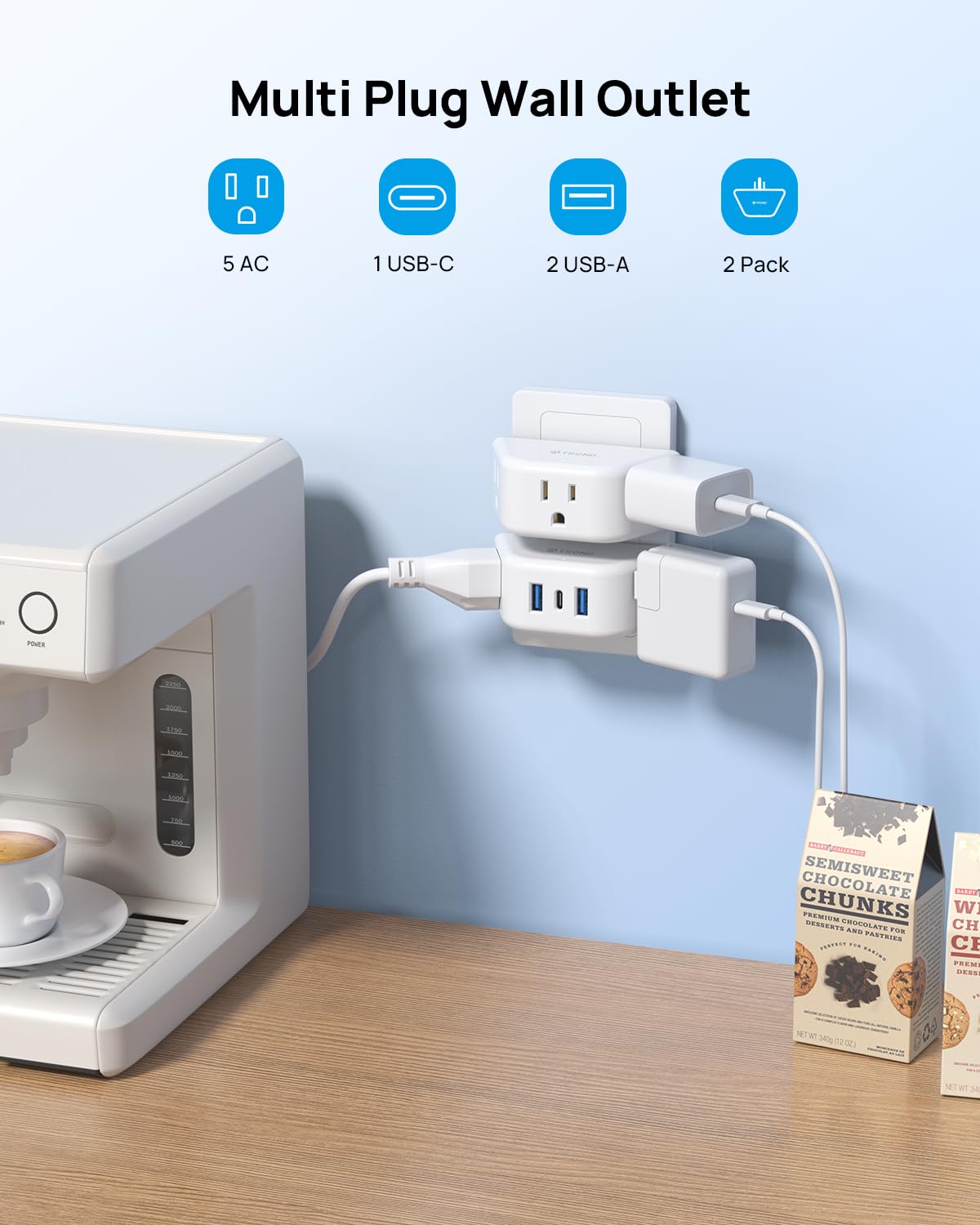 TROND multi-plug with USB ports enables easy device charging anywhere.
