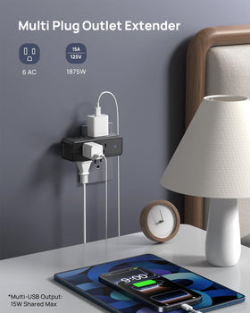 TROND surge protector with 360° rotating plug for tight spaces and adaptability.