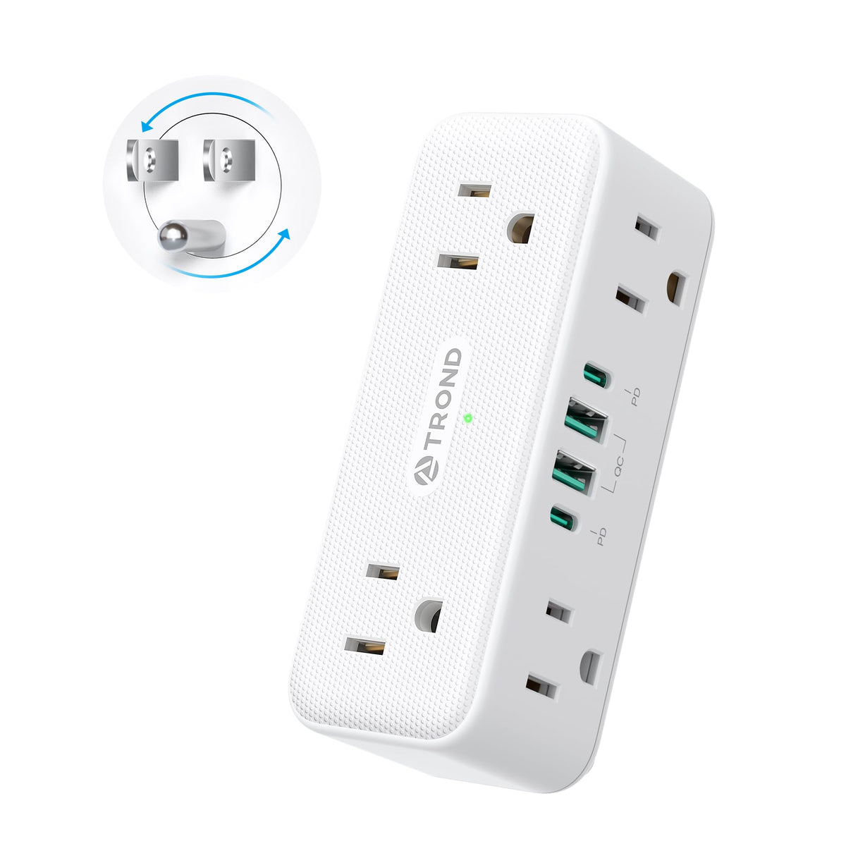 TROND outlet extender with 360° rotating plug for flexible placement in tight spaces.