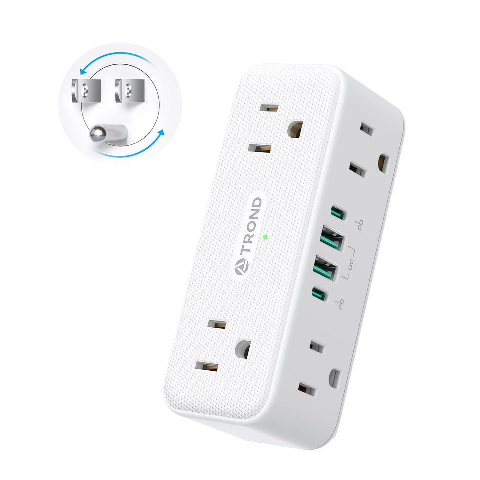 TROND outlet extender with 360° rotating plug for flexible placement in tight spaces.