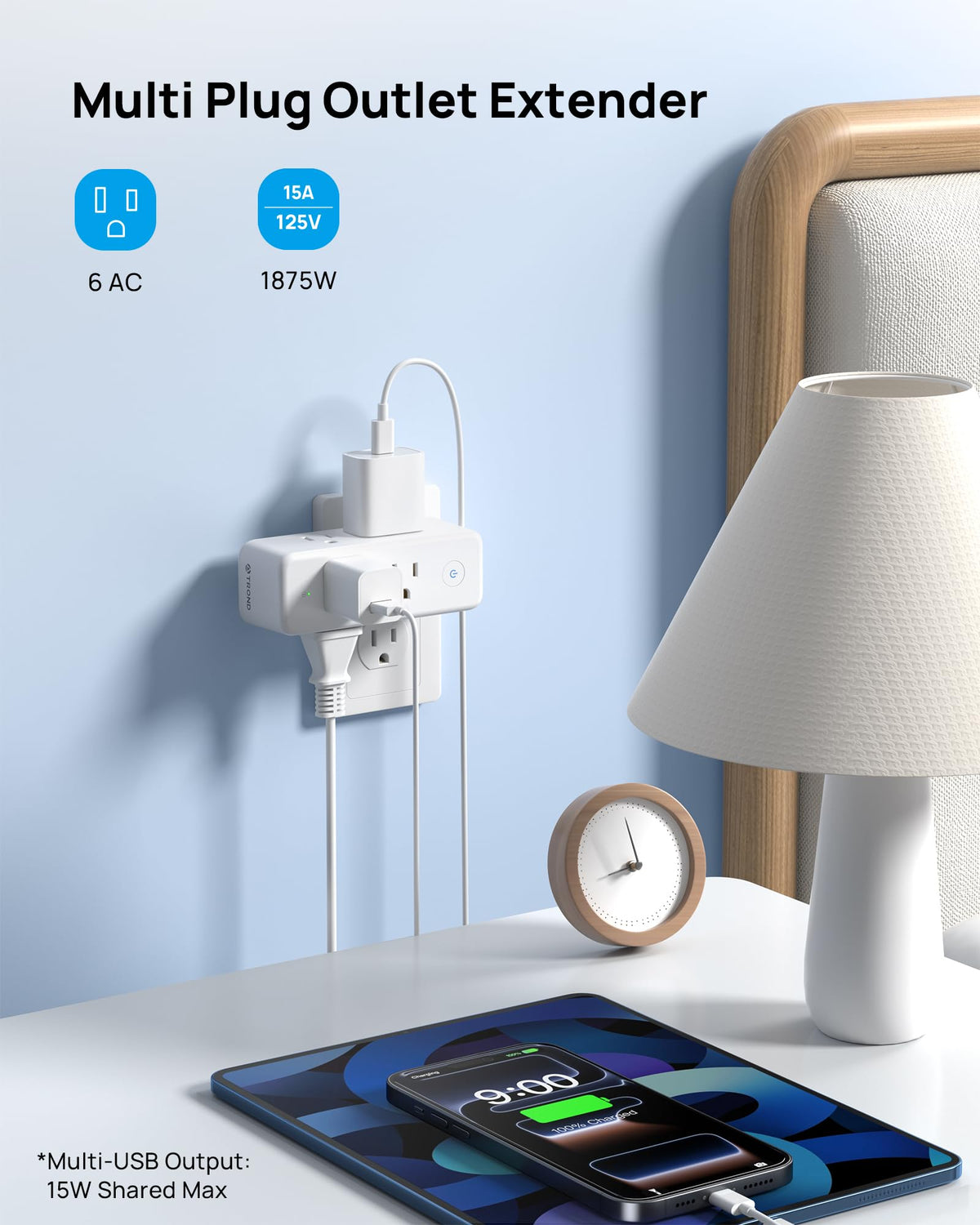 TROND Outlet Extender features a 360-degree rotating plug for flexible placement.
