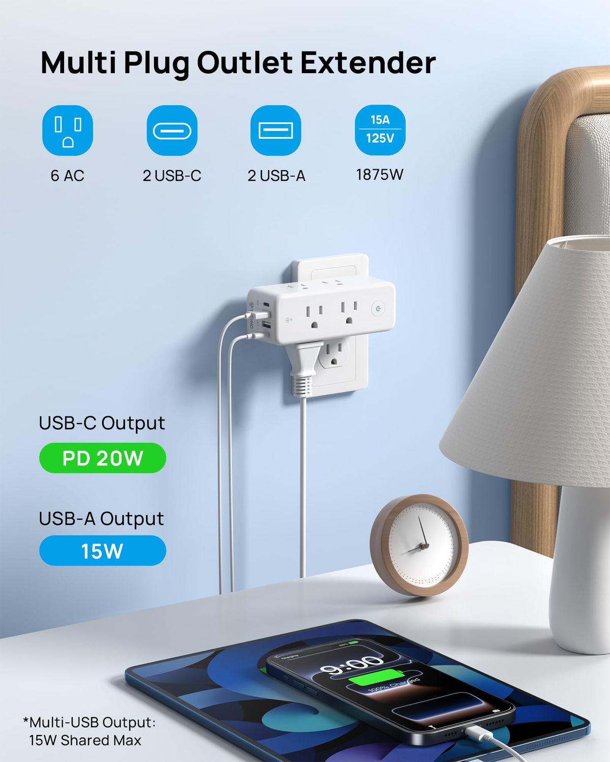 TROND outlet extender showing 6 AC outlets for powering multiple devices.