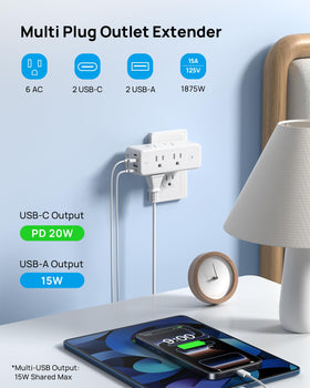 TROND outlet extender showing 6 AC outlets for powering multiple devices.