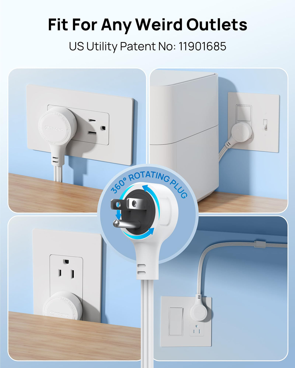TROND extension cord with adhesive pad for mounting