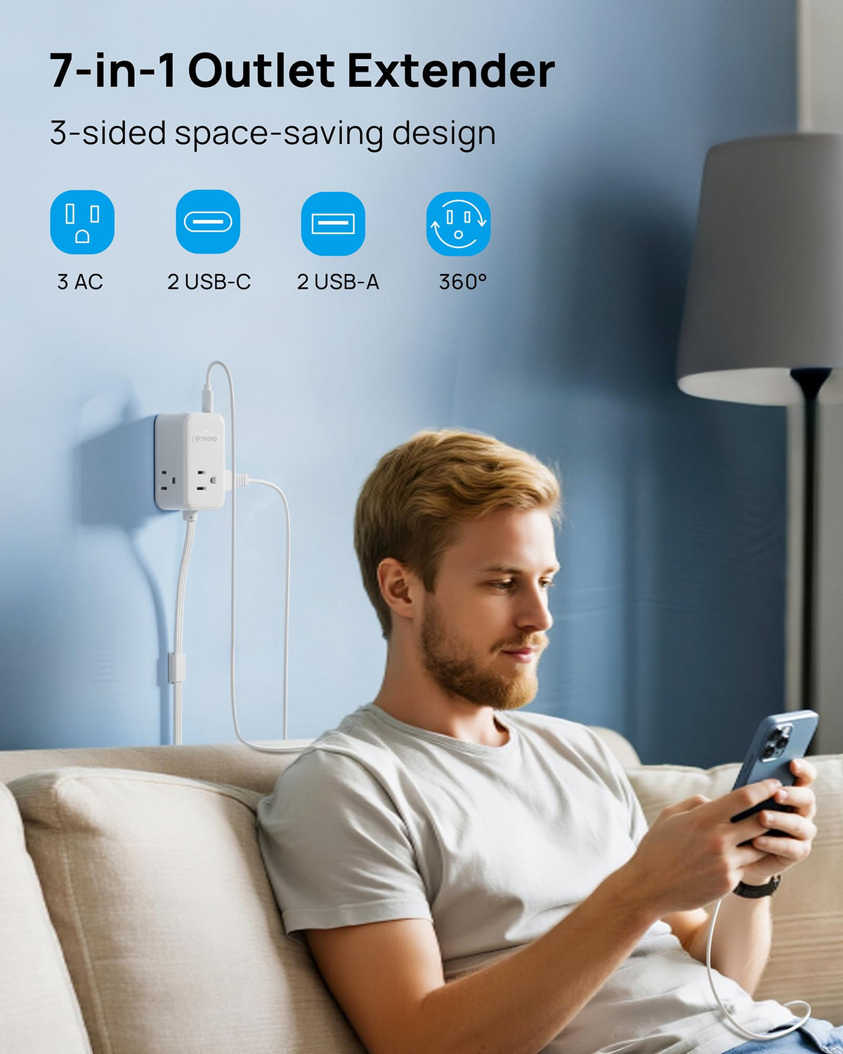 TROND seven-in-one outlet with three AC outlets and four USB ports