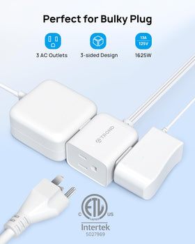 TROND short extension cord with low-profile cube outlets prevents bulky plugs from blocking adjacent sockets.