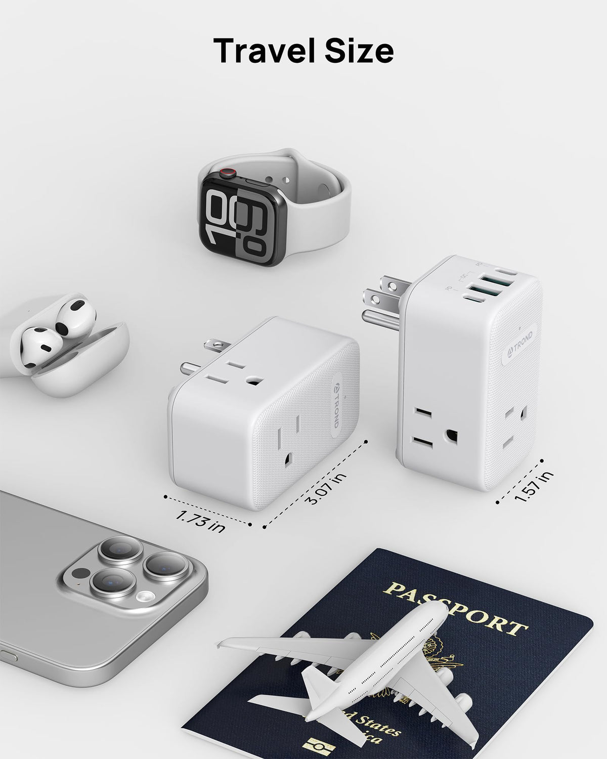 TROND sideways adapter design supports flexible charging in kitchen and bathroom.