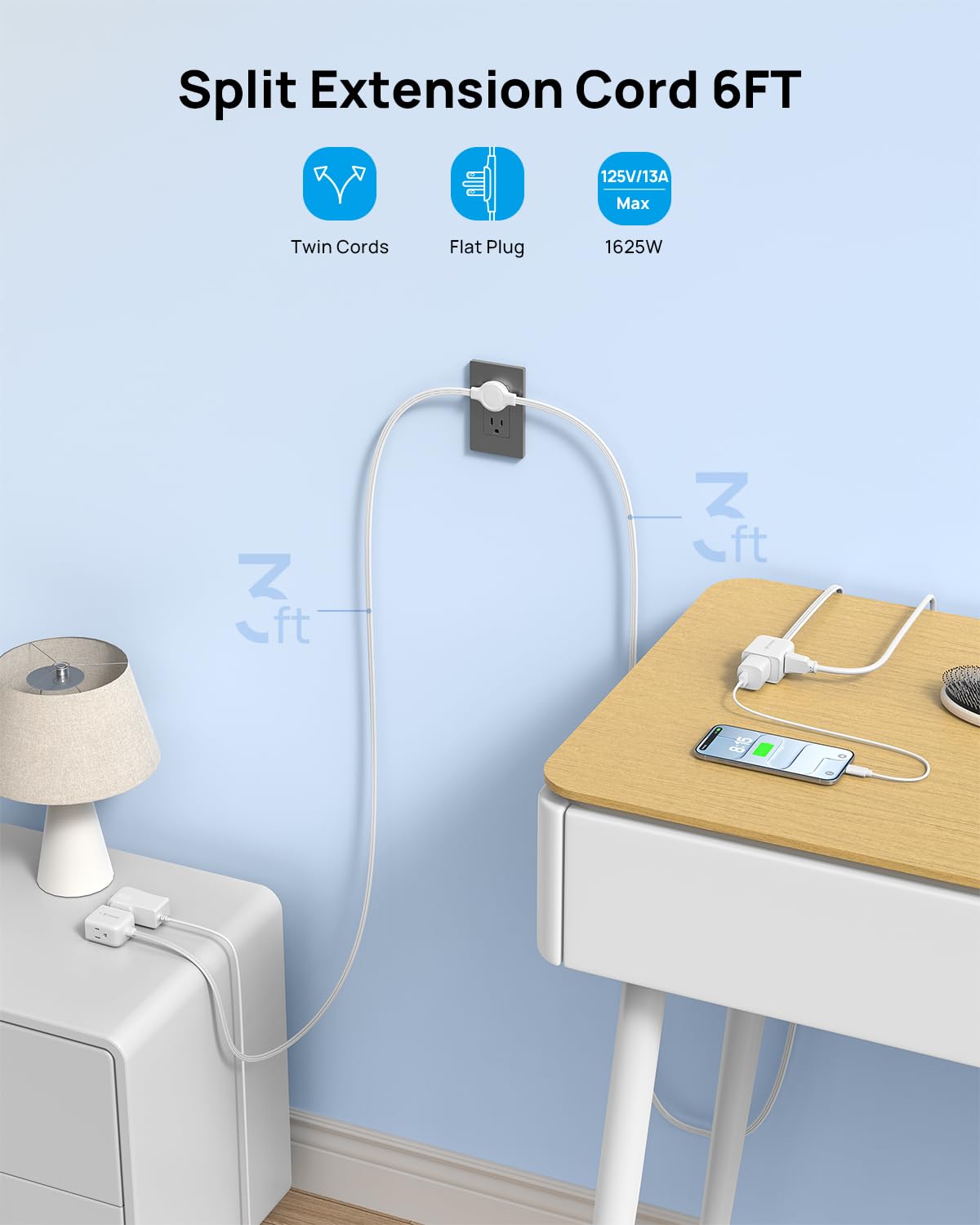 TROND six-outlet setup around a TV stand for devices and lamps.
