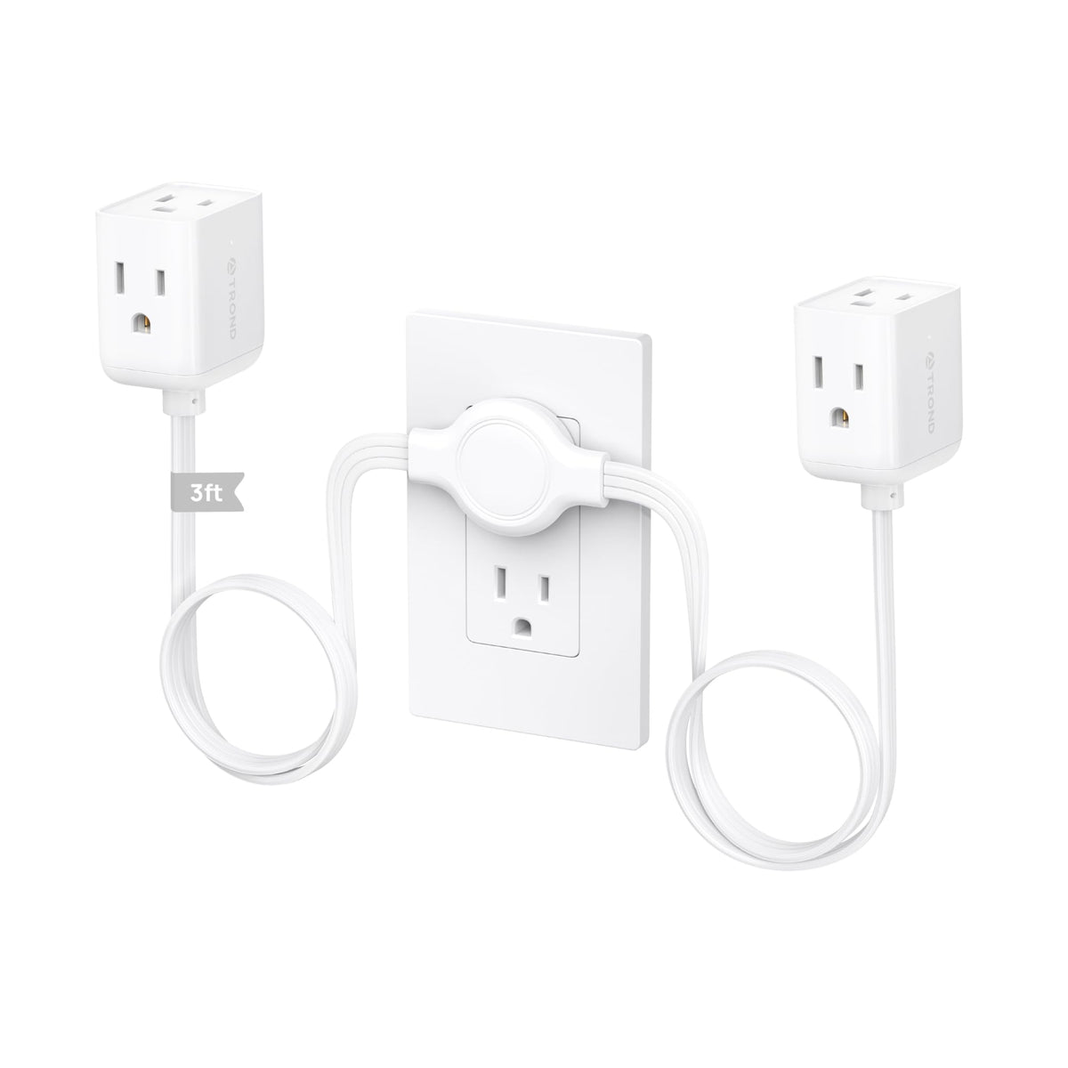TROND split extension cord with flat wall plug behind a sofa, six outlets possible.