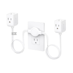 TROND split extension cord with flat wall plug behind a sofa, six outlets possible.