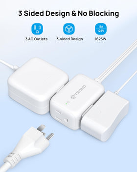 TROND three-sided outlets enable simultaneous three-device setup.
