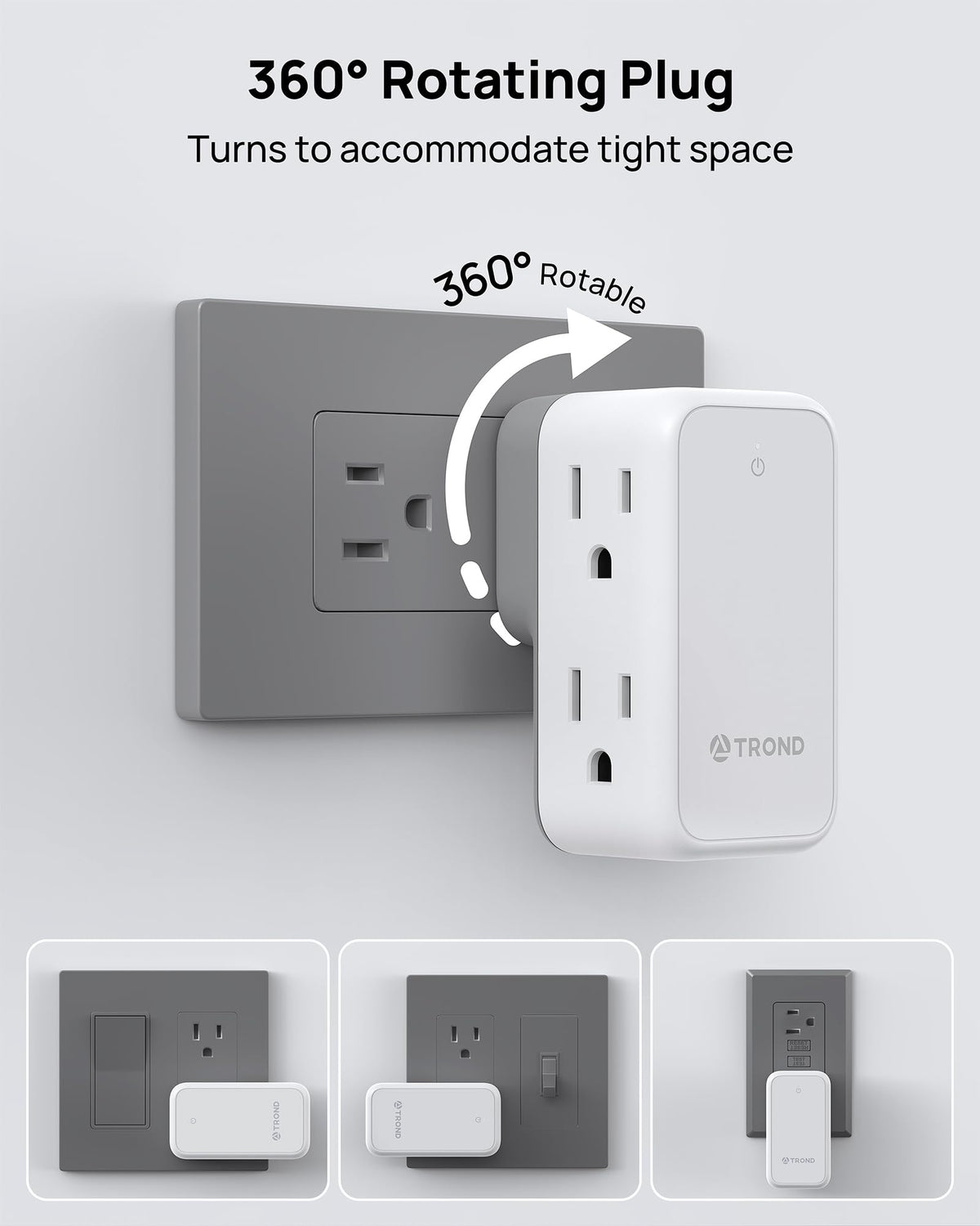 TROND travel-size mini outlet adapter ideal for hotels or dorm rooms.