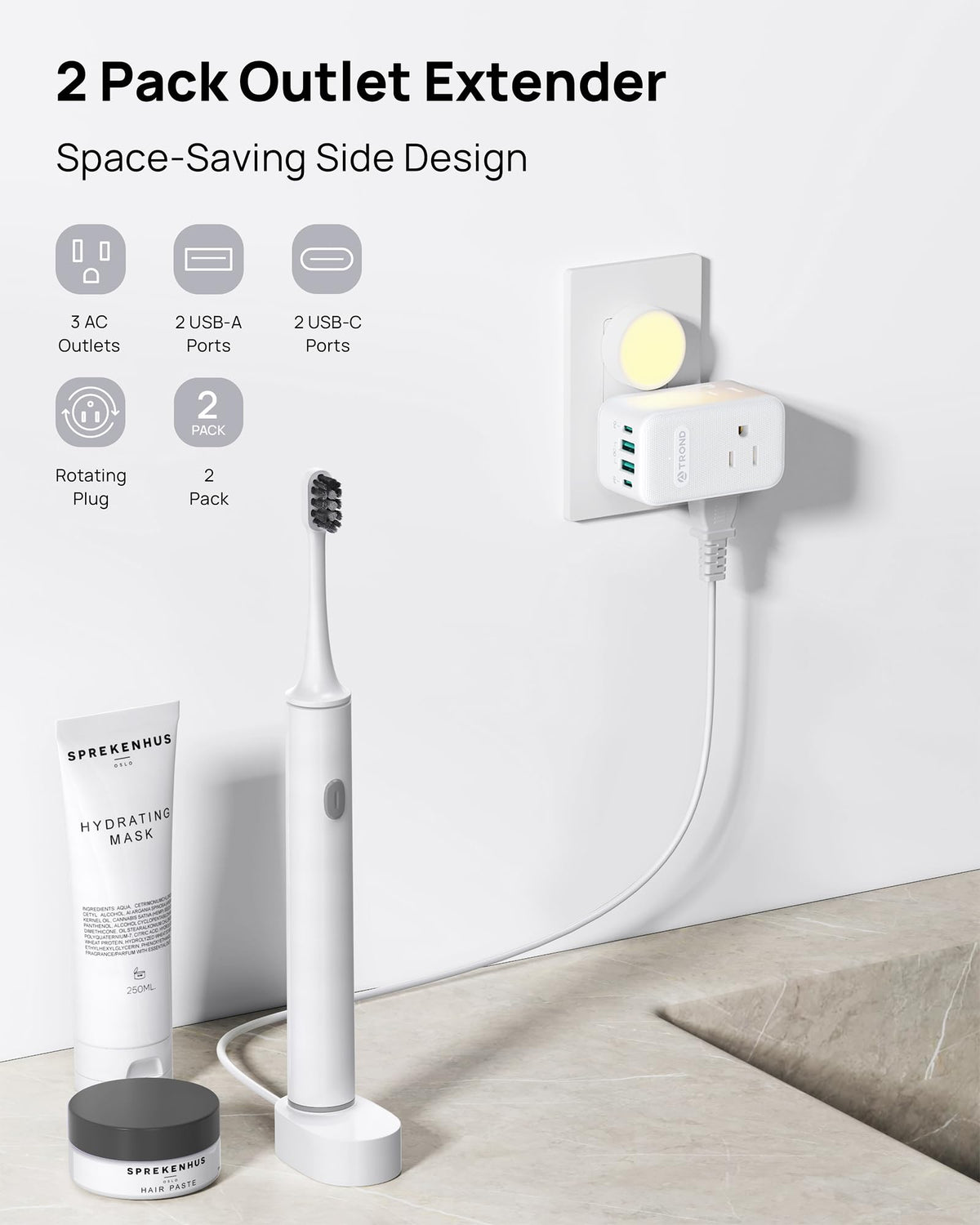 TROND two-pack plug extension outlet with 3 outlets and 4 USB ports.