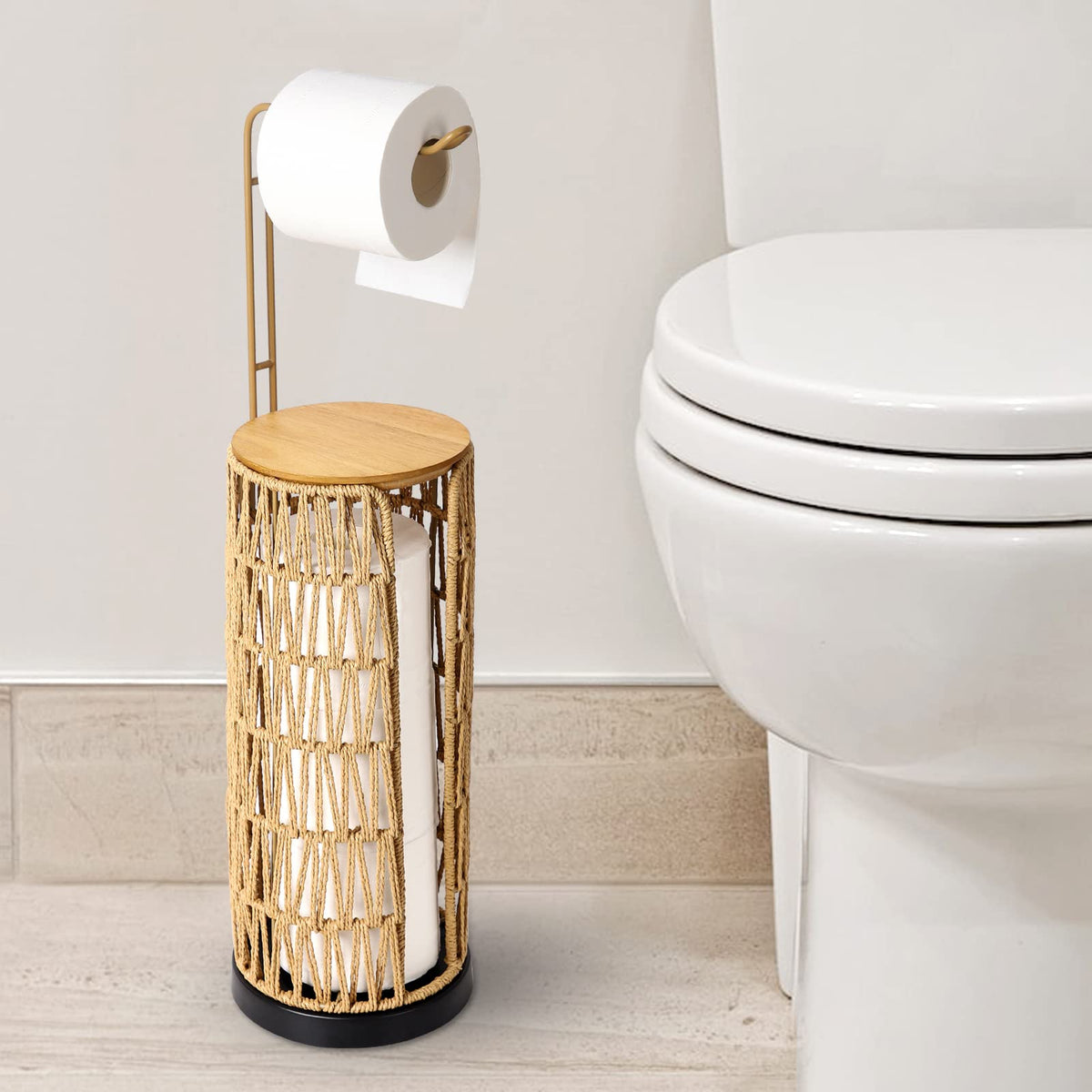 Trongee freestanding toilet paper holder with storage for easy access