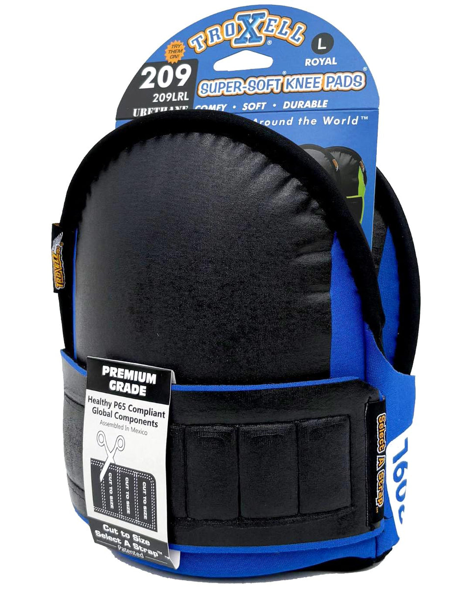 Troxell USA SuperSoft Royal Blue kneepads side view showing ergonomic fit.