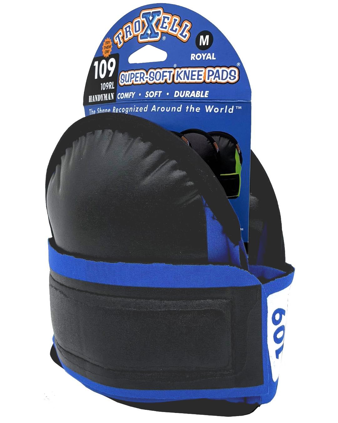 TroxellUSA SuperSoft Royal 109 knee pads, front view showing plush cushioning for all-day comfort.